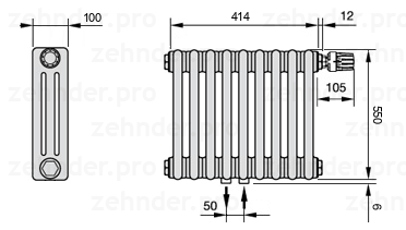 Схема (чертеж) Радиатор Zehnder Charleston 3055/9 №V008 Белый глянцевый RAL 9016